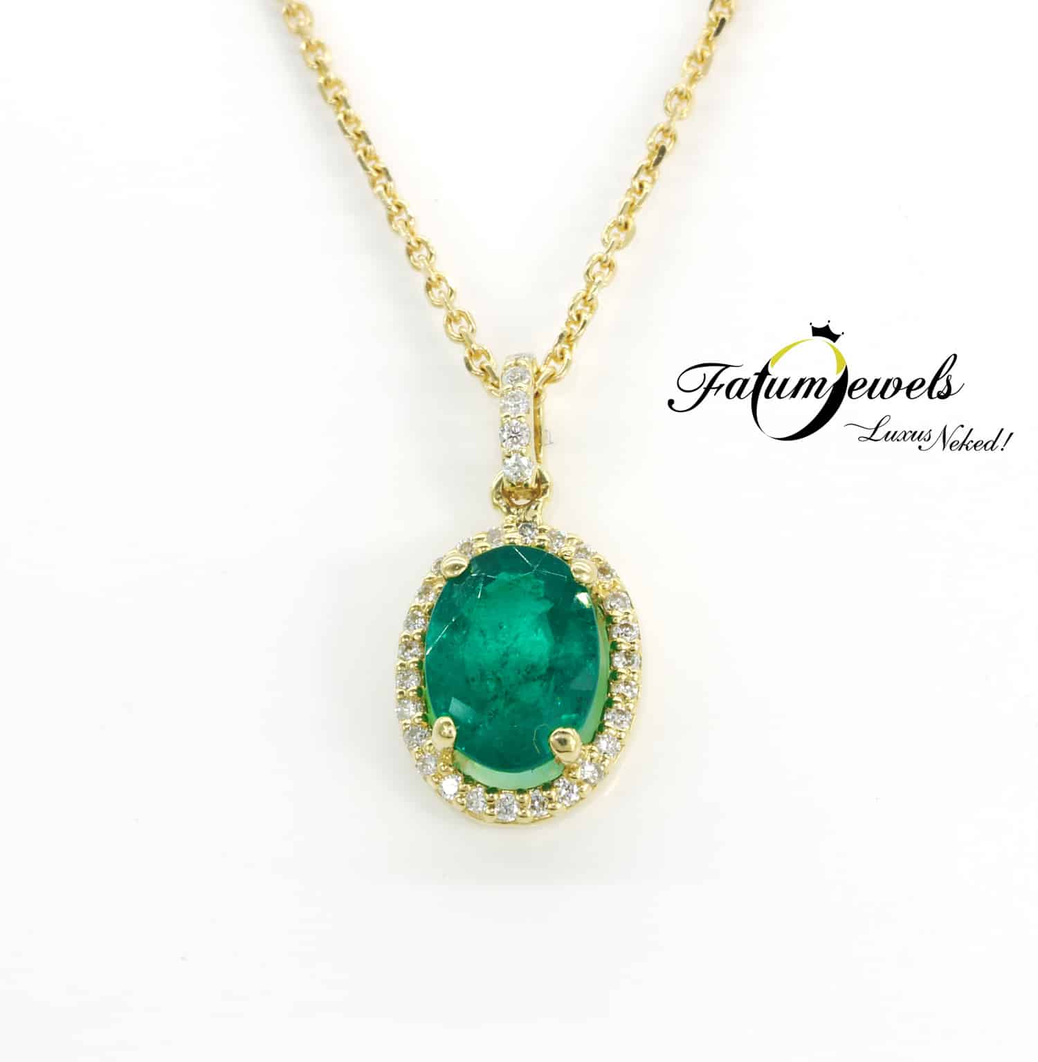 '-anyag: sárga arany -finomság: 750 (18k) -tömeg: 3,05g -medál méret: 15,1x8mm -lánc hosszúság: 42cm -drágakő: Smaragd (valódi, természetes) -tömeg: 0,93ct -csiszolás: ovális -tisztaság: MI -szín: zöld -drágakő: Gyémánt (valódi, természetes) -tömeg: 0,10ct -csiszolás: briliáns -tisztaság: VS1-SI1 -szín: H / Wesselton /fehér